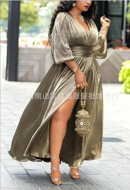 Golden Shimmer Lantern Sleeve Maxi Dress