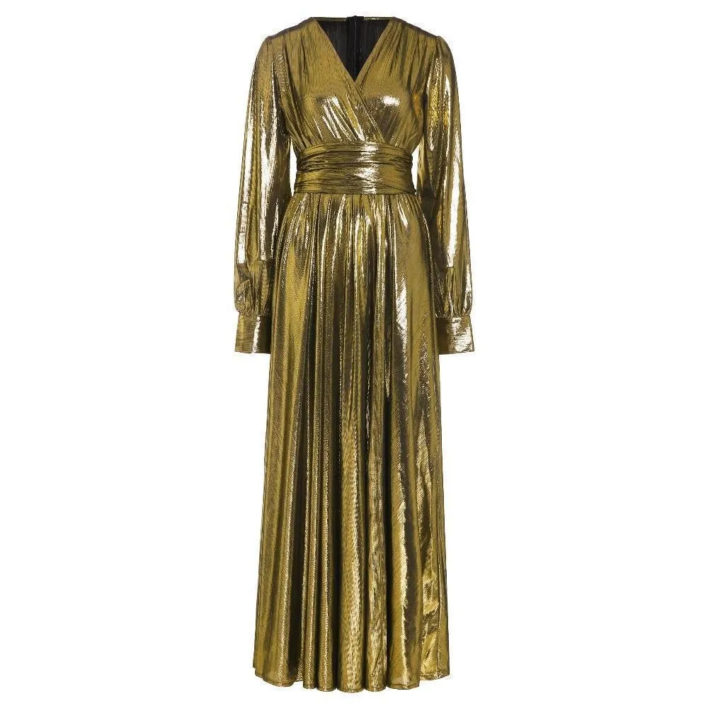 Golden Shimmer Lantern Sleeve Maxi Dress