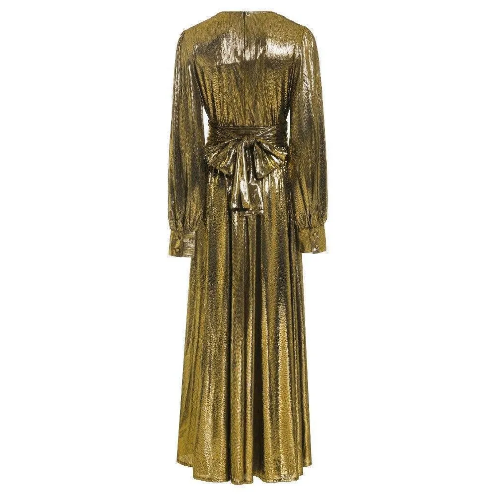 Golden Shimmer Lantern Sleeve Maxi Dress