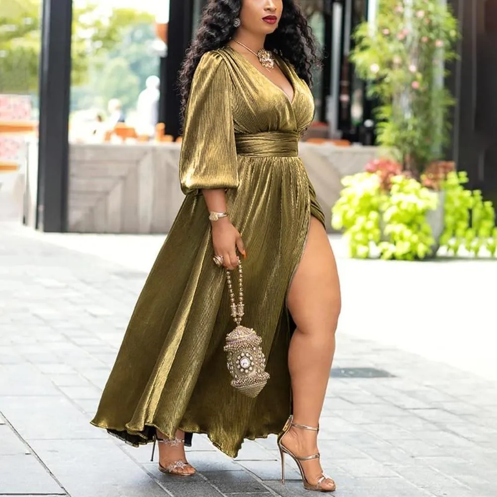 Golden Shimmer Lantern Sleeve Maxi Dress