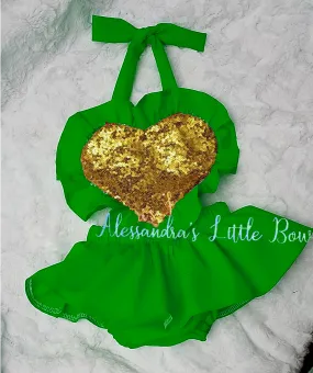 Green and Gold Heart Ruffle Romper - Shop now!