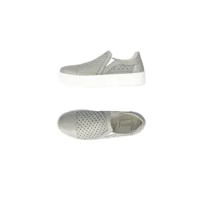 Grey perforated slip-on shoes.