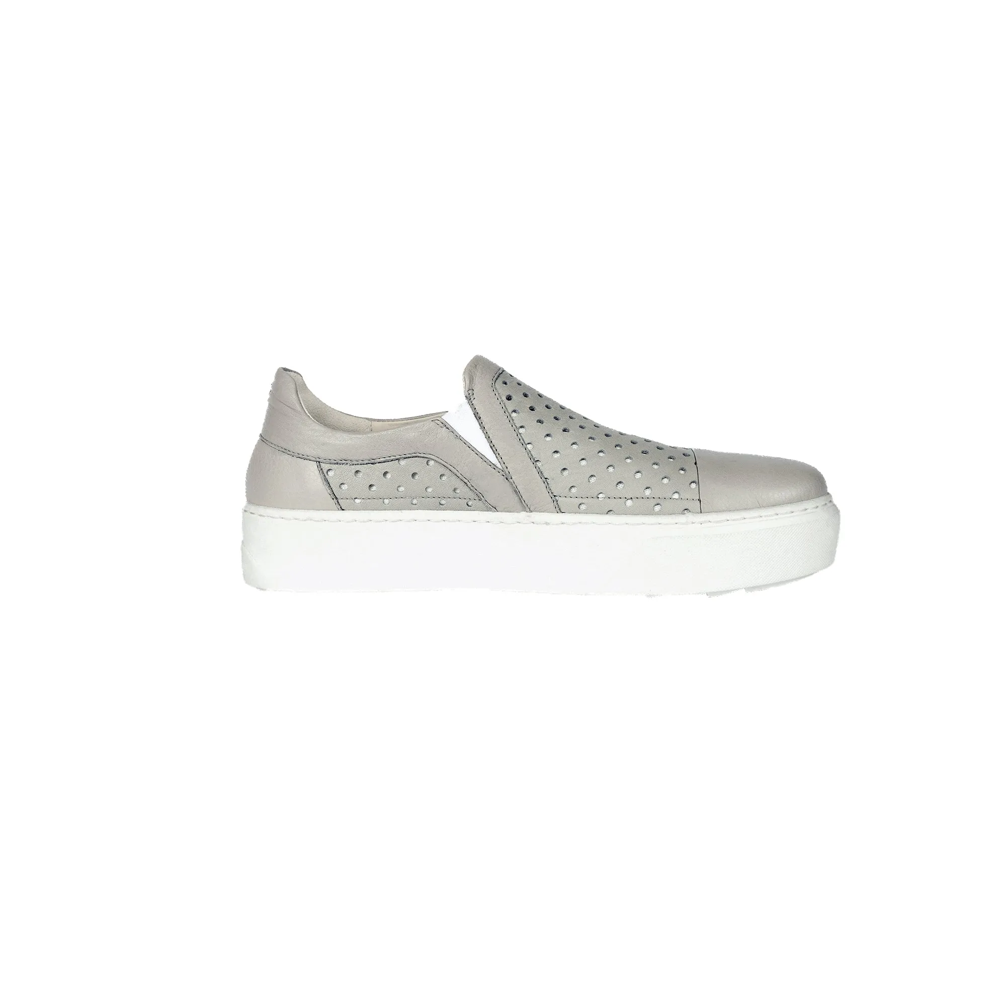 Grey perforated slip-on shoes.