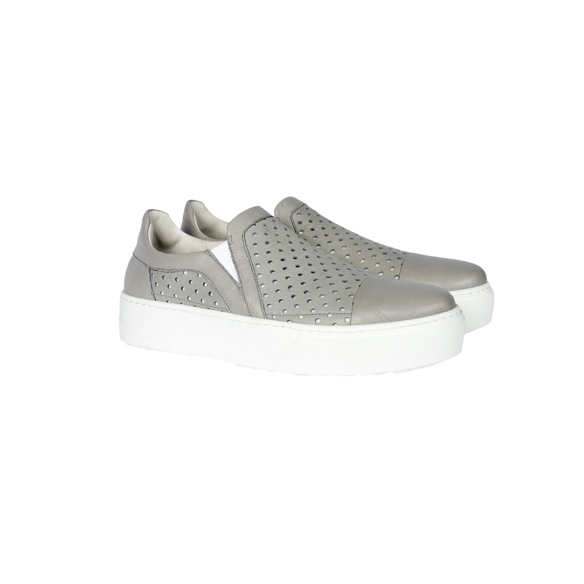 Grey perforated slip-on shoes.