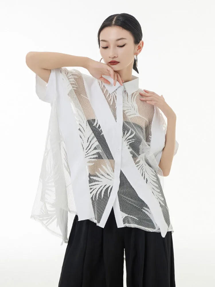 Hayato Blouse - White, Sheer Leaf Design