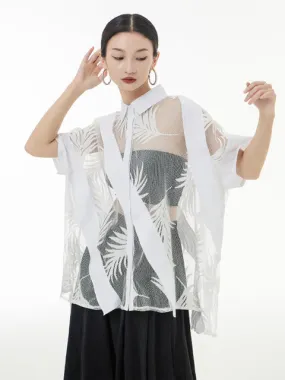 Hayato Blouse - White, Sheer Leaf Design