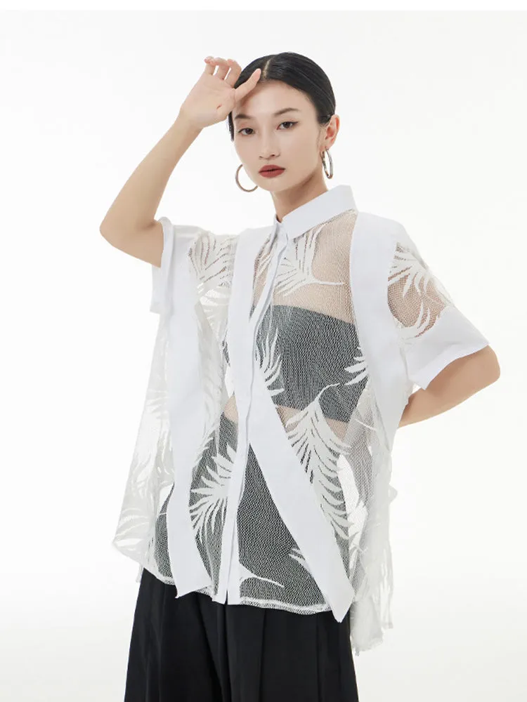 Hayato Blouse - White, Sheer Leaf Design