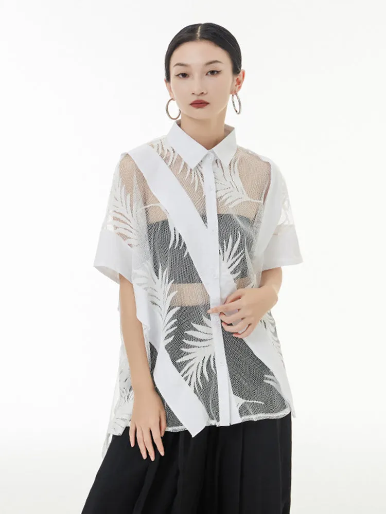 Hayato Blouse - White, Sheer Leaf Design