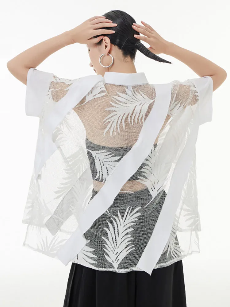 Hayato Blouse - White, Sheer Leaf Design