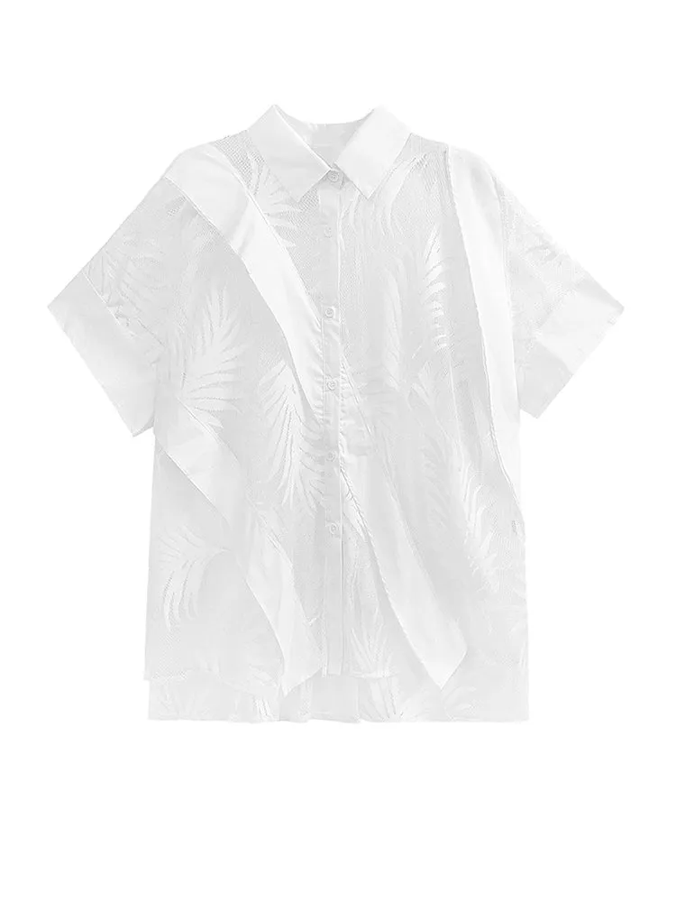 Hayato Blouse - White, Sheer Leaf Design