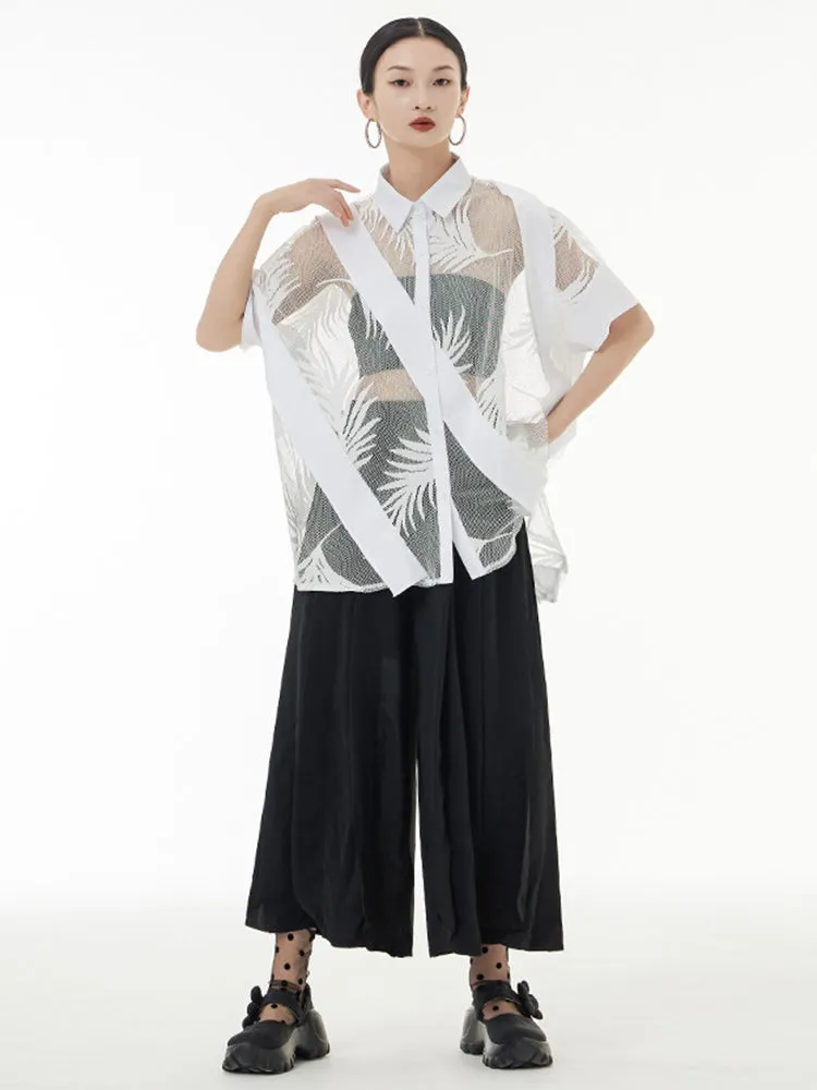 Hayato Blouse - White, Sheer Leaf Design