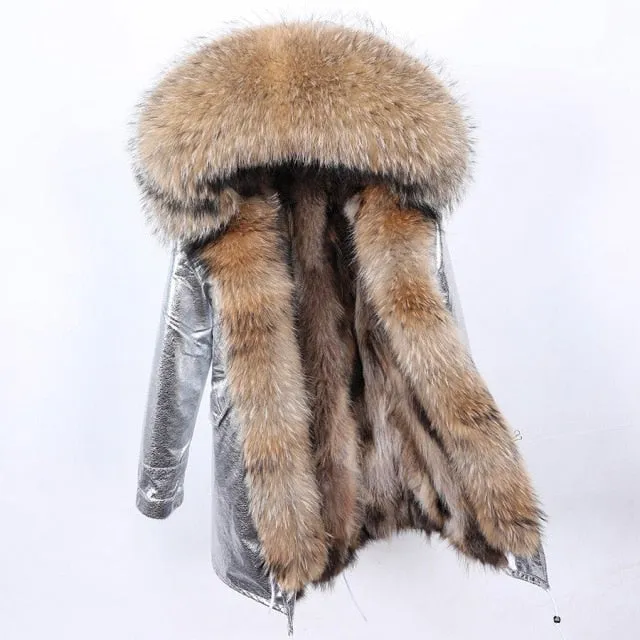 High Street Style Women's Winter Jacket with Natural Raccoon Fur Collar - Thick & Warm