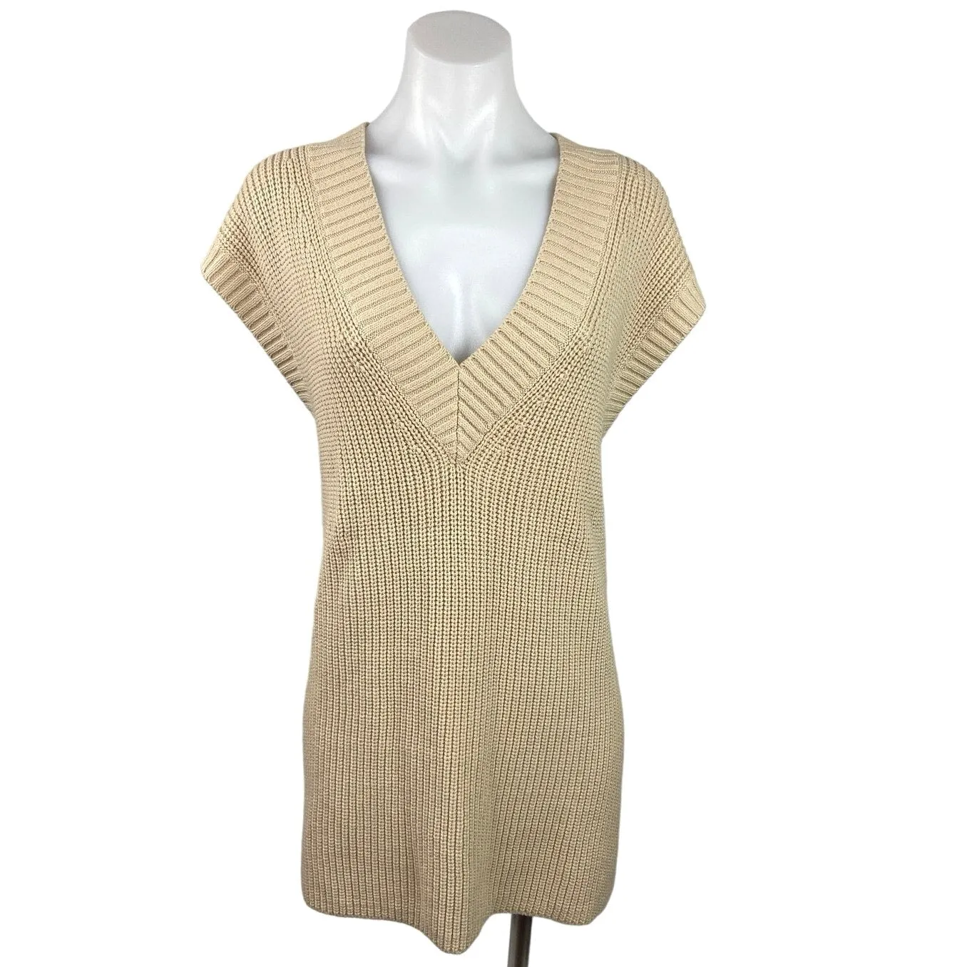 H&M Women's Beige Deep V-Neck Cap Sleeve Knit Pullover Sweater Vest Dress Size M