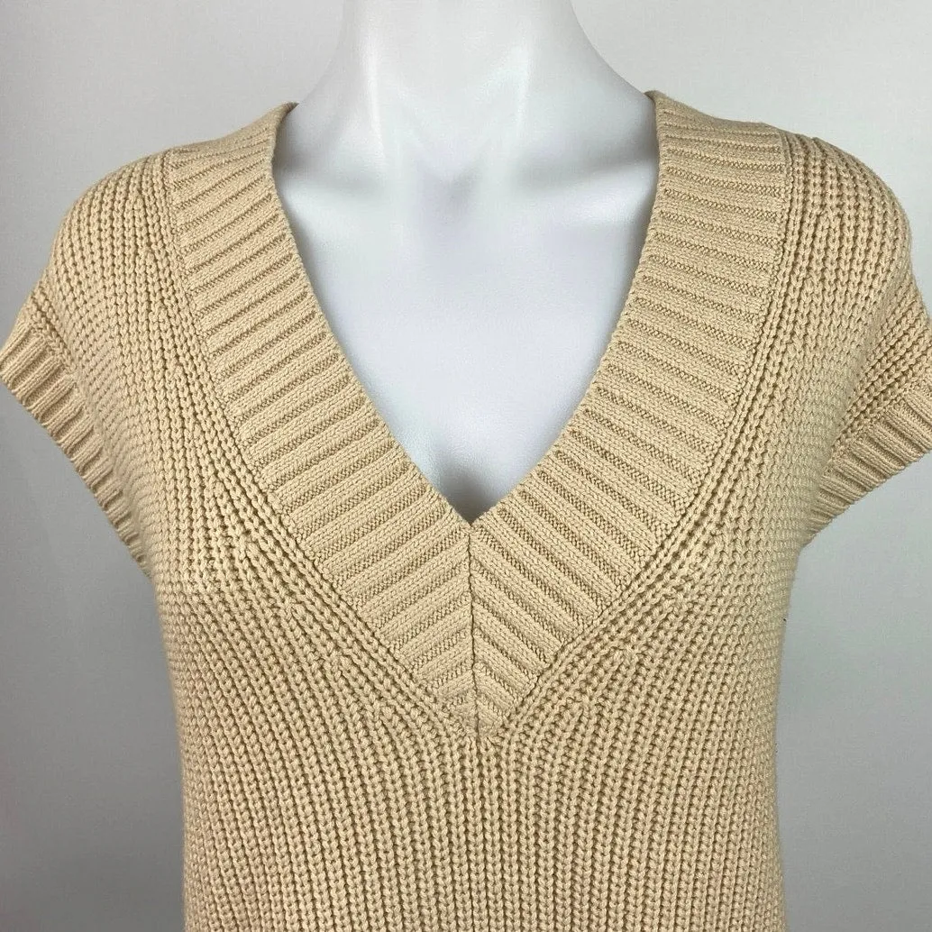 H&M Women's Beige Deep V-Neck Cap Sleeve Knit Pullover Sweater Vest Dress Size M