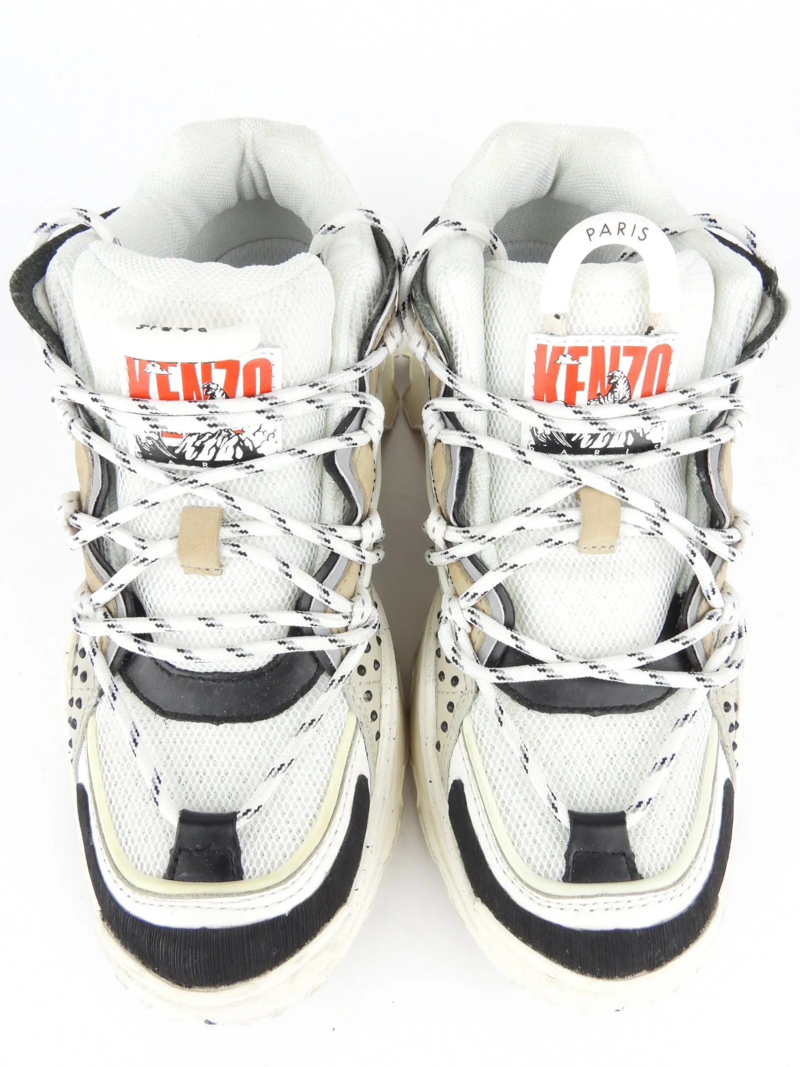 Kenzo Paris Inka Low Top Sneakers - Off White, Pale Grey & Black Leather and Mesh - Size 37 FR / 36 IT / 5.5 US