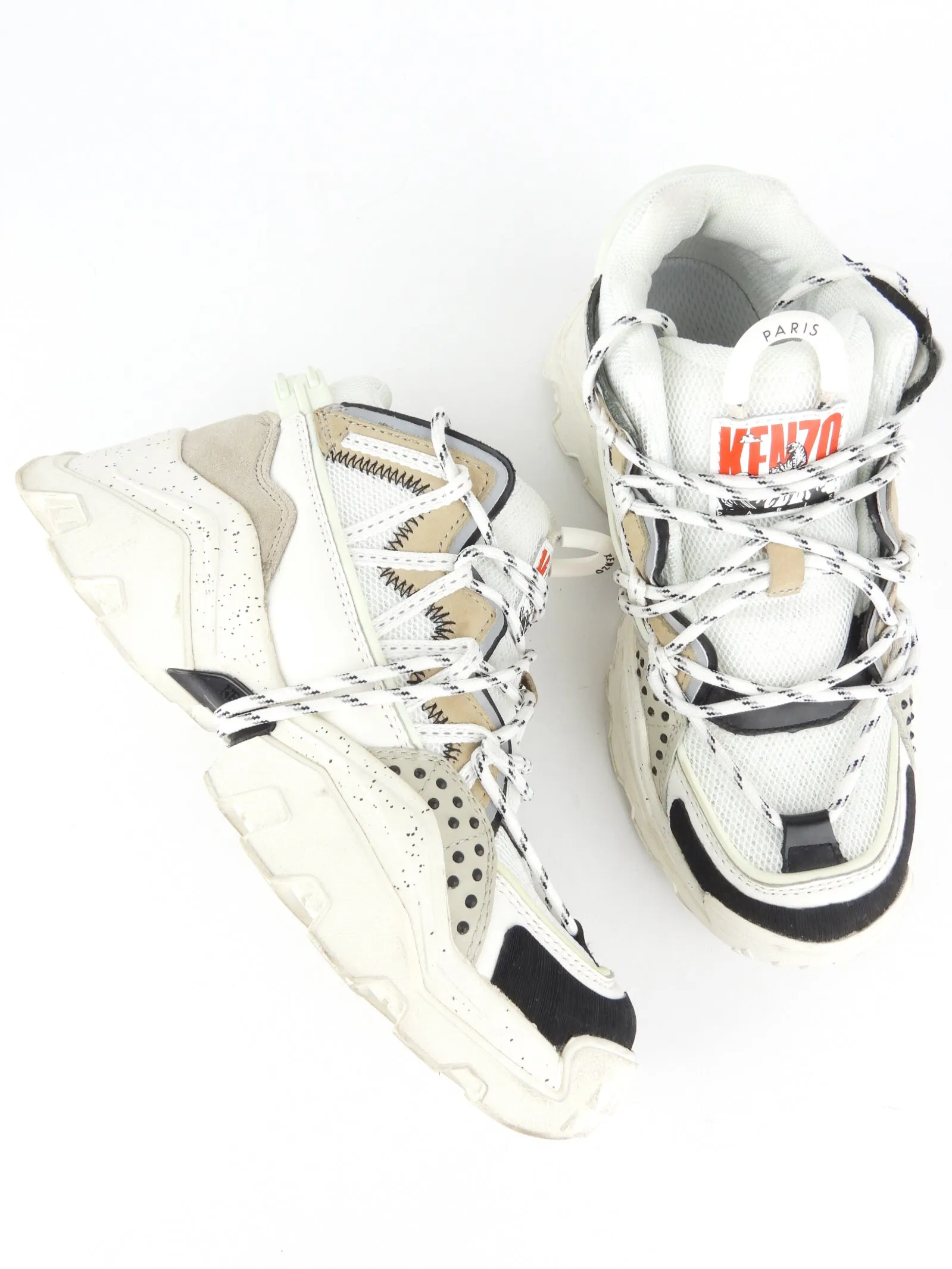 Kenzo Paris Inka Low Top Sneakers - Off White, Pale Grey & Black Leather and Mesh - Size 37 FR / 36 IT / 5.5 US