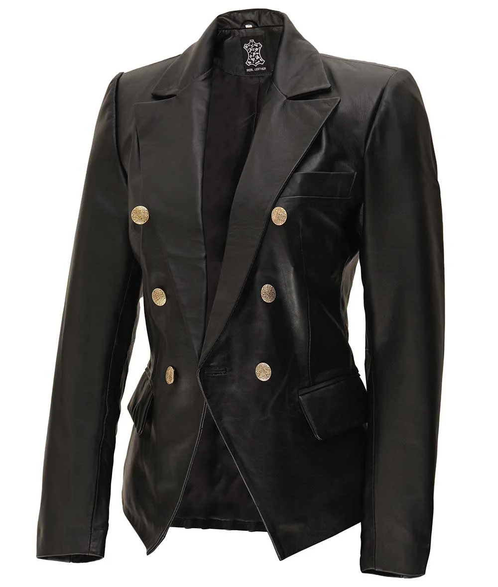 Kim Women's Double Breasted Black Leather Blazer