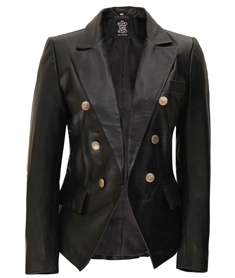 Kim Women's Double Breasted Black Leather Blazer