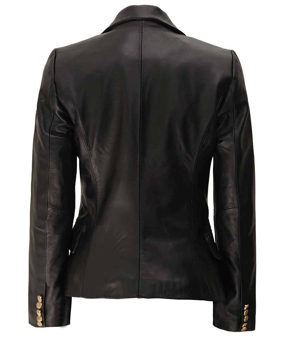 Kim Women's Double Breasted Black Leather Blazer