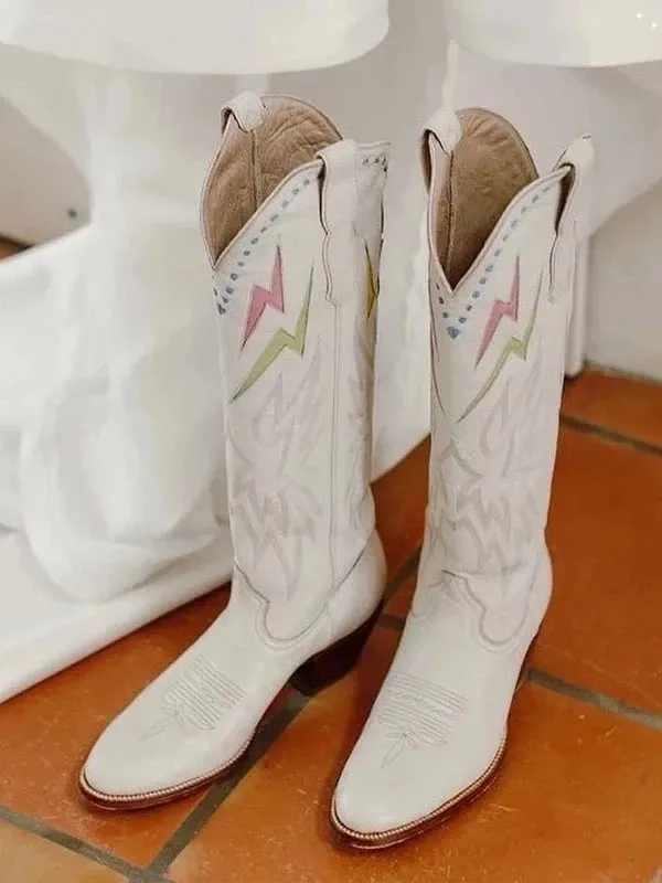 Knee High Women's Cowboy Boots with Embroidery - New Fashion - Free Shipping - White Cowgirl Boots for Wedding - Western Shoes