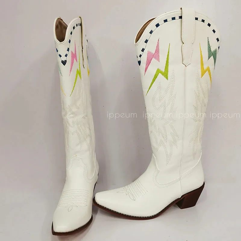 Knee High Women's Cowboy Boots with Embroidery - New Fashion - Free Shipping - White Cowgirl Boots for Wedding - Western Shoes