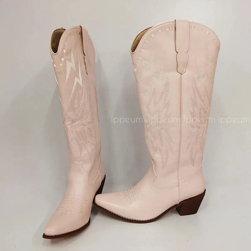 Knee High Women's Cowboy Boots with Embroidery - New Fashion - Free Shipping - White Cowgirl Boots for Wedding - Western Shoes