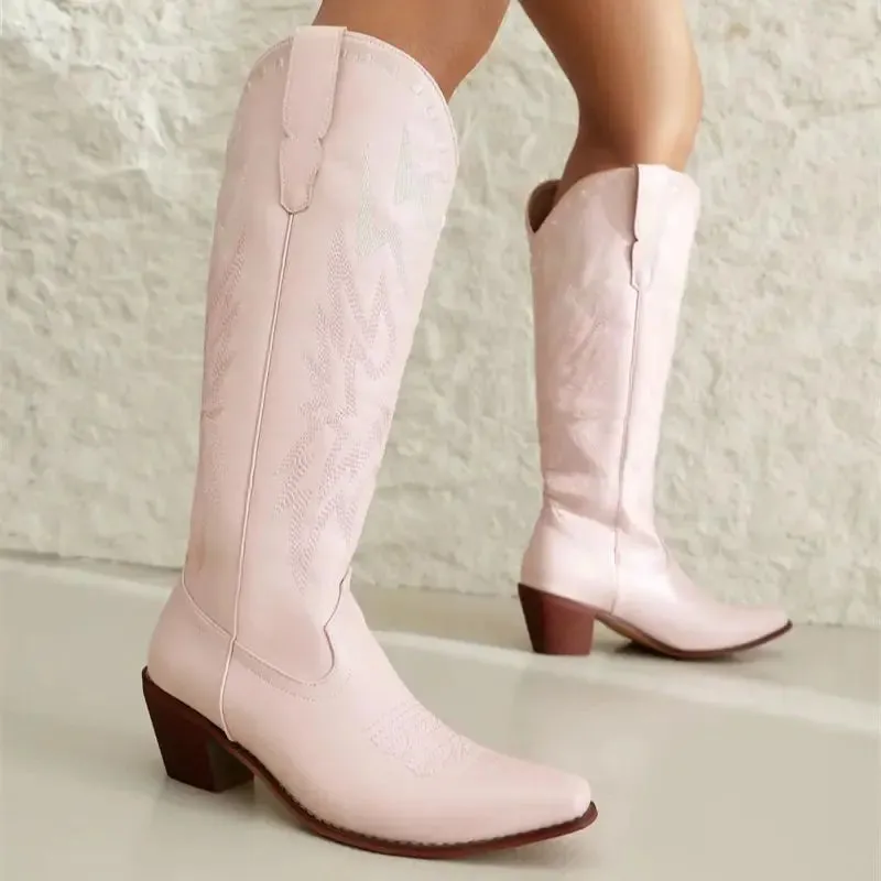 Knee High Women's Cowboy Boots with Embroidery - New Fashion - Free Shipping - White Cowgirl Boots for Wedding - Western Shoes