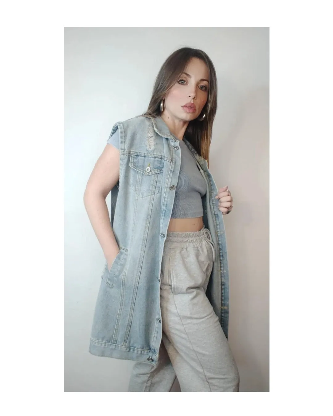 Light wash denim half-length gilet