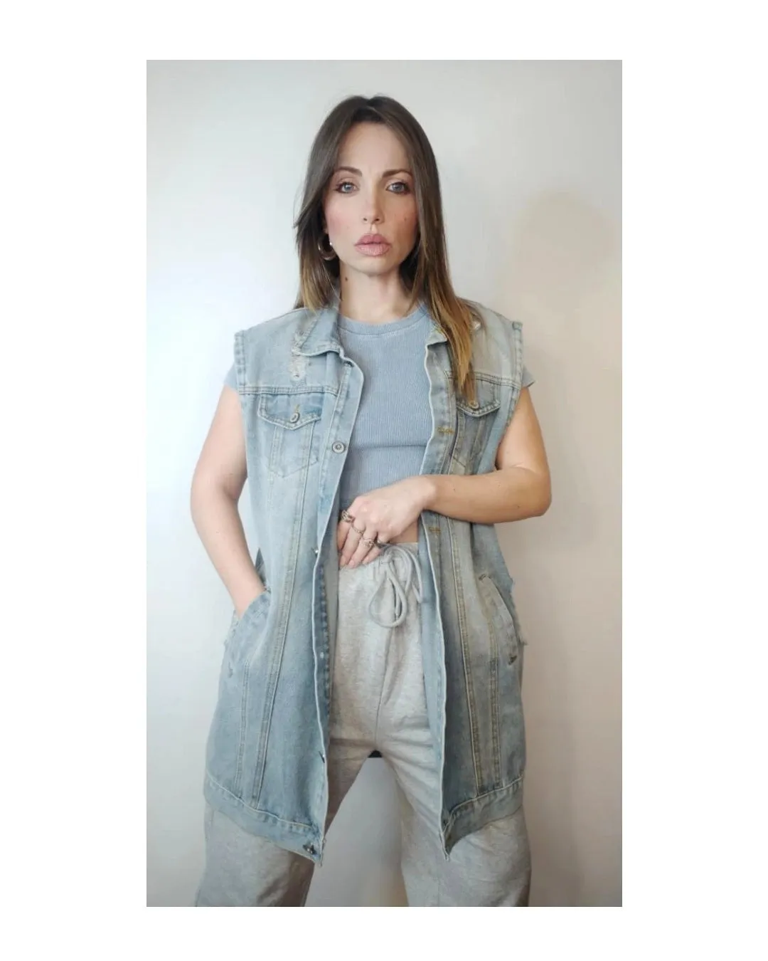 Light wash denim half-length gilet