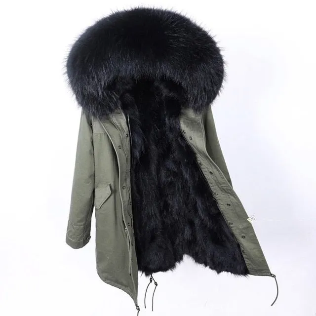 Long Winter Jacket Women Black Raccoon Fur Hood