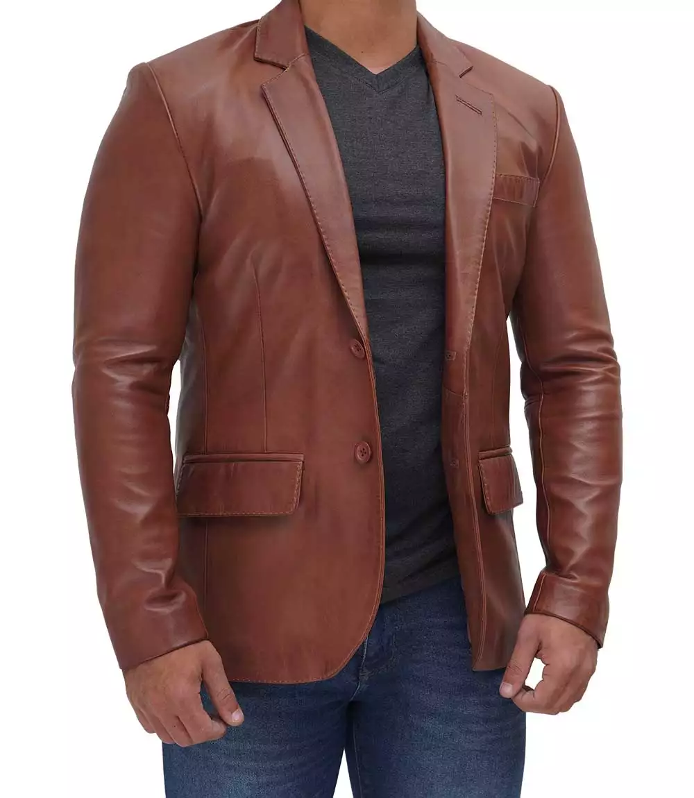 Mens Tan Two Button Leather Blazer - Notch Lapel