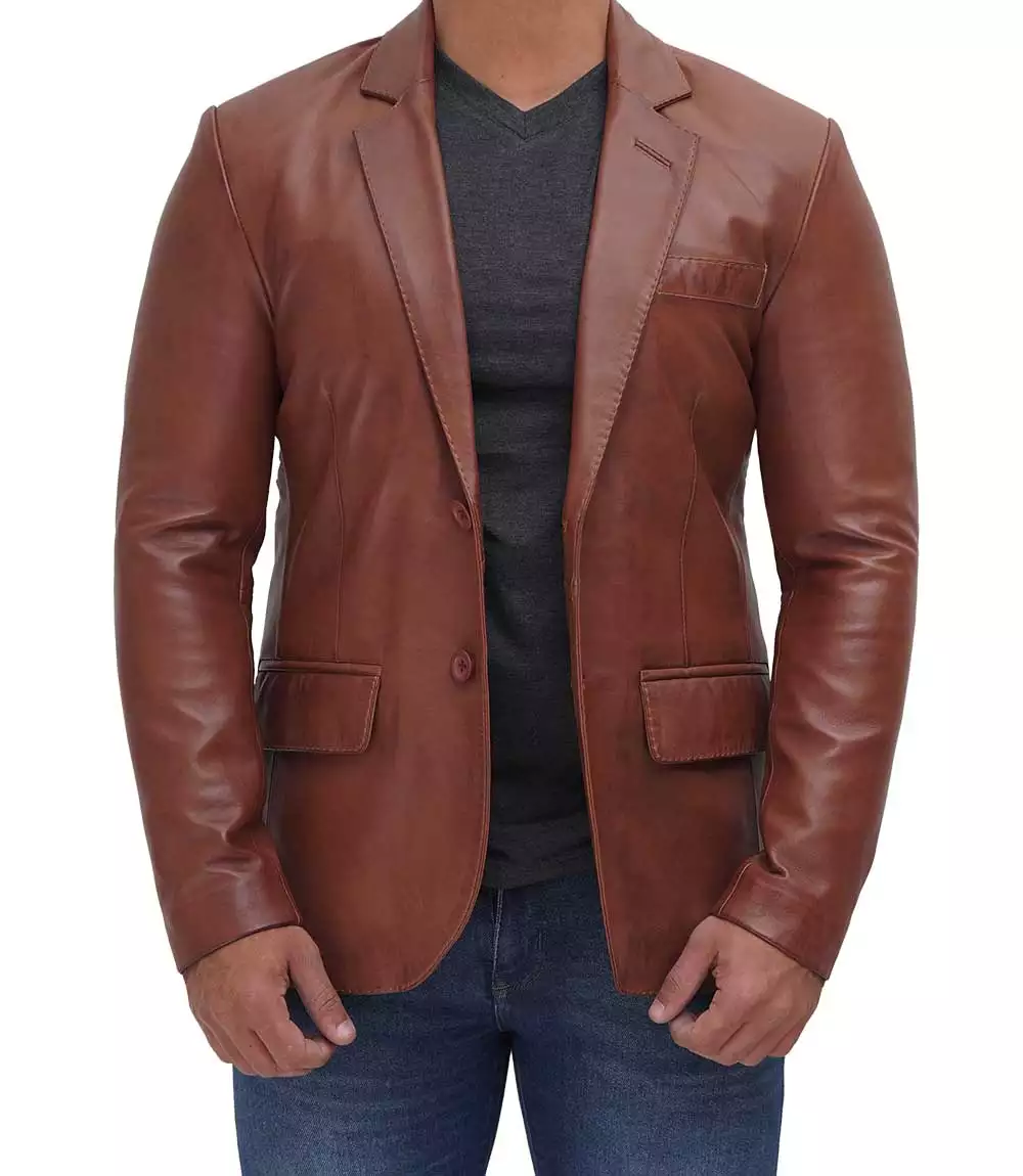 Mens Tan Two Button Leather Blazer - Notch Lapel