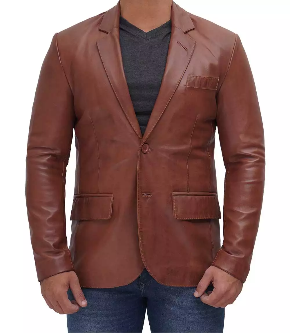 Mens Tan Two Button Leather Blazer - Notch Lapel