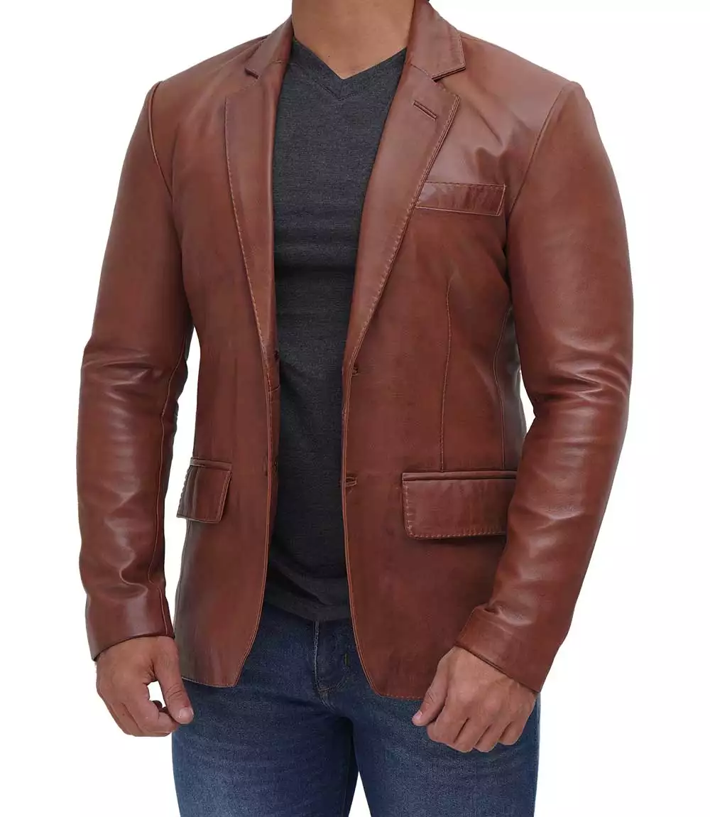 Mens Tan Two Button Leather Blazer - Notch Lapel