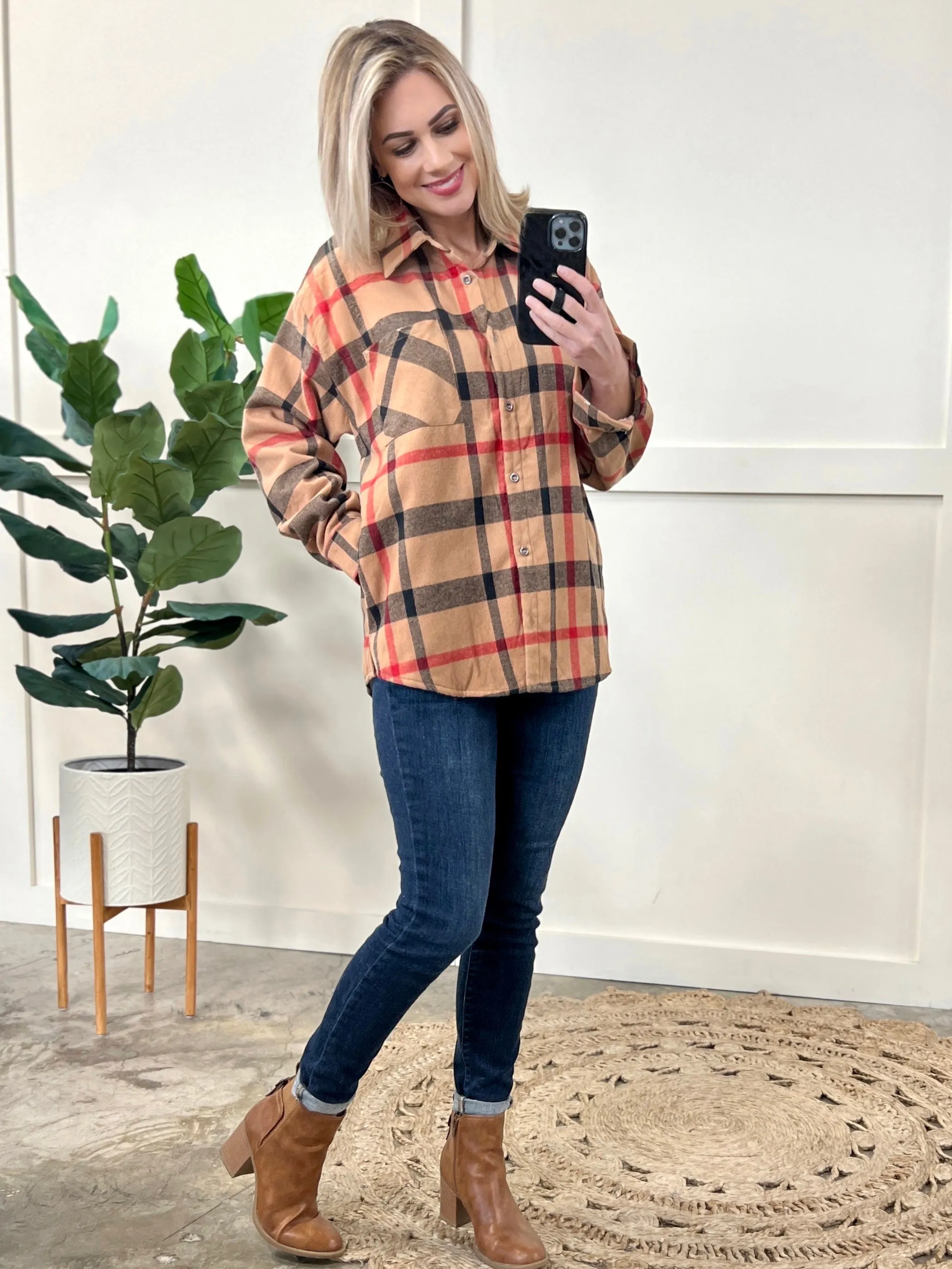 Minky Tan Tartan Check Shacket - Soft and Plaid