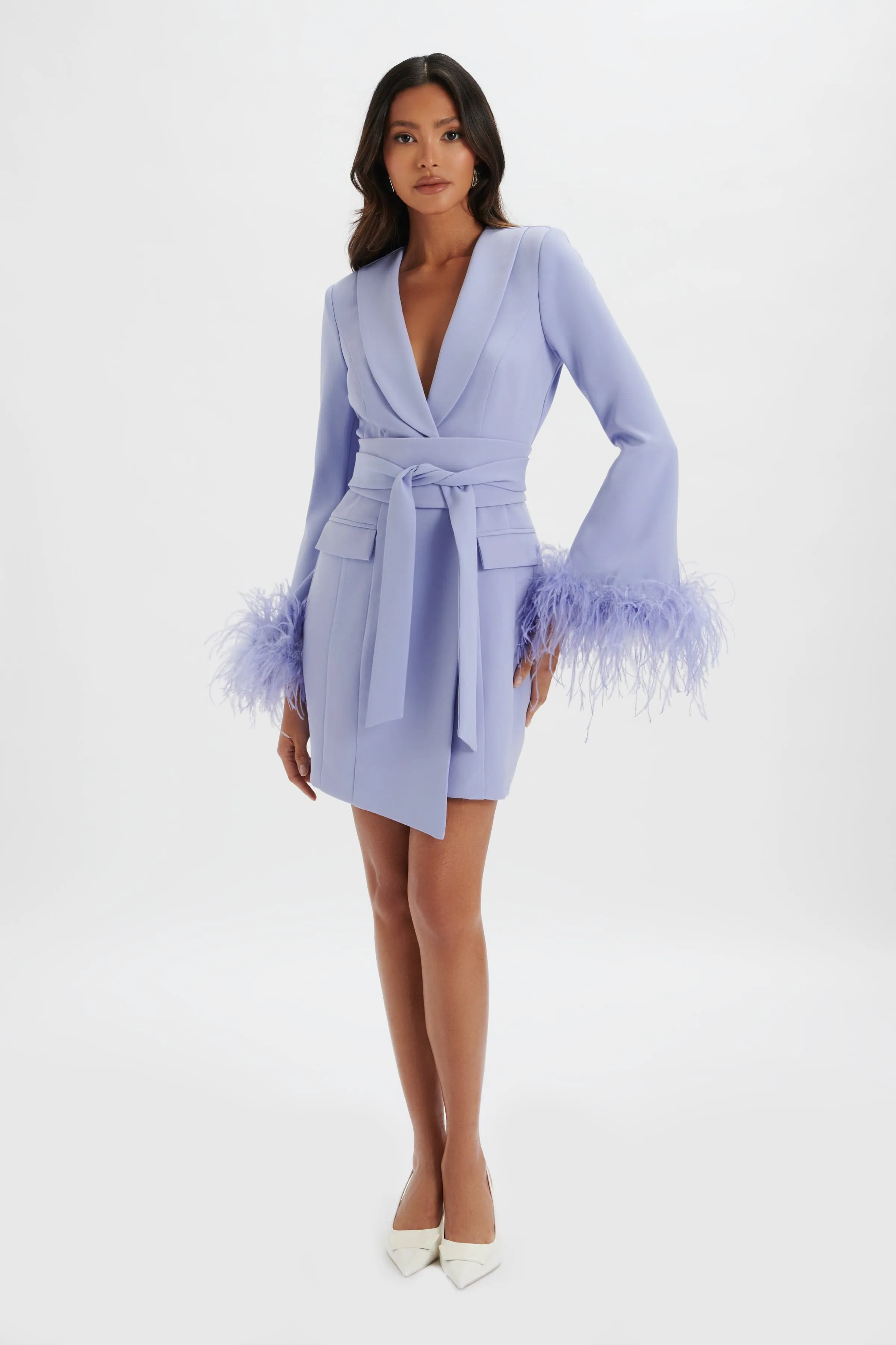 Nikola Cornflower Blue Feather Cuff Blazer Dress