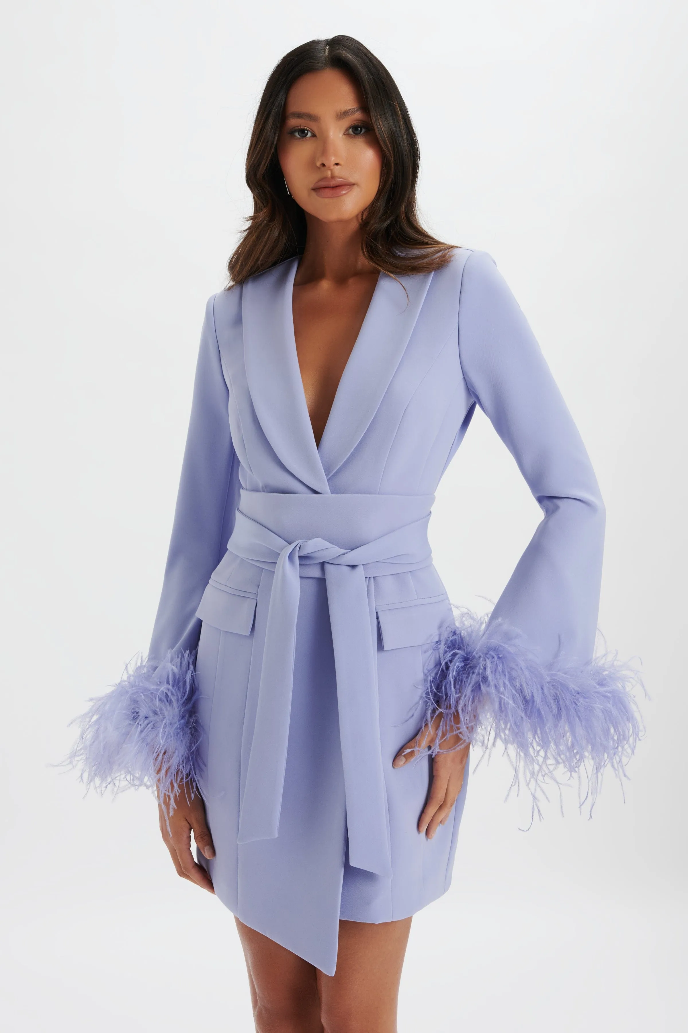 Nikola Cornflower Blue Feather Cuff Blazer Dress