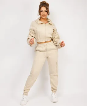 Oatmeal Ruched Sleeve Zipped Hoodie and Joggers Tracksuit