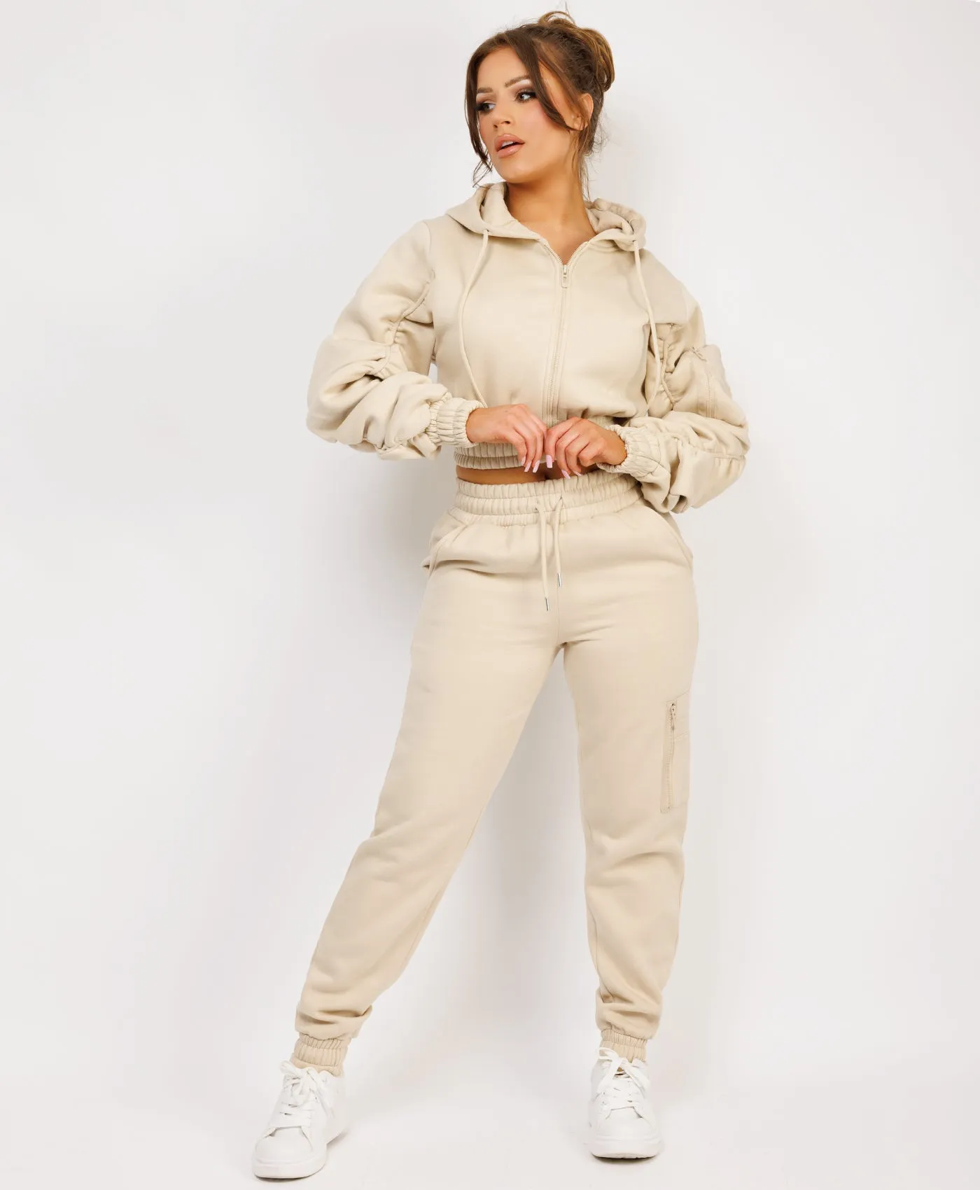 Oatmeal Ruched Sleeve Zipped Hoodie and Joggers Tracksuit