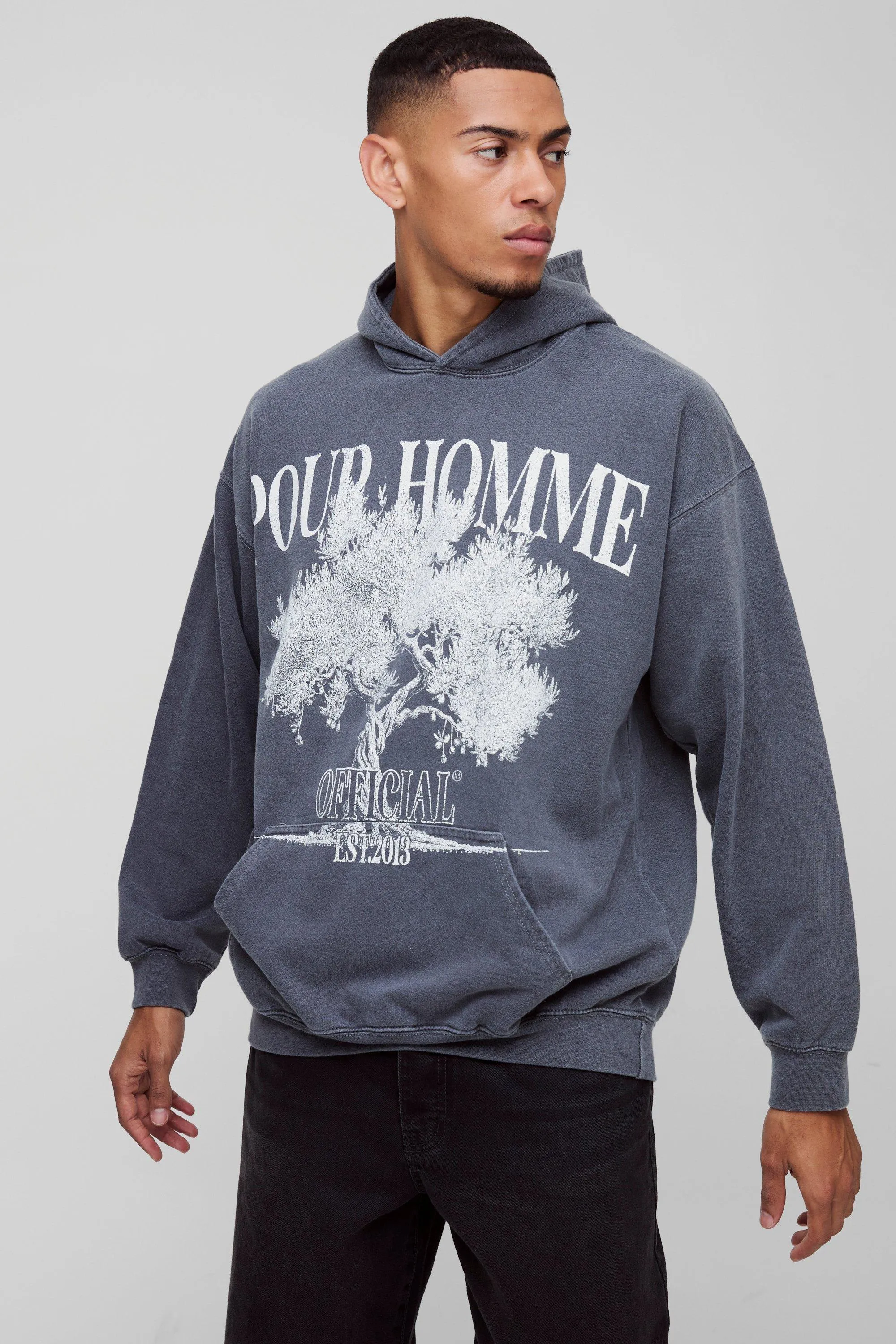 Oversized Pour Homme Tree Graphic Washed Hoodie