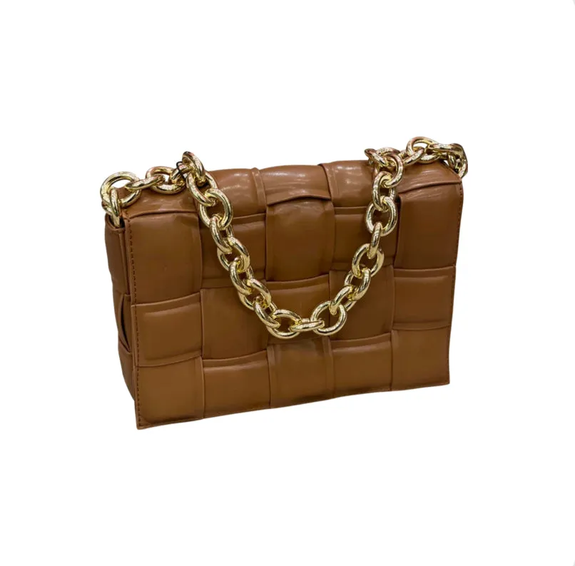 PBGJ31A-09 Caramel Leather Cross Woven Clutch Bag with Gold Chain