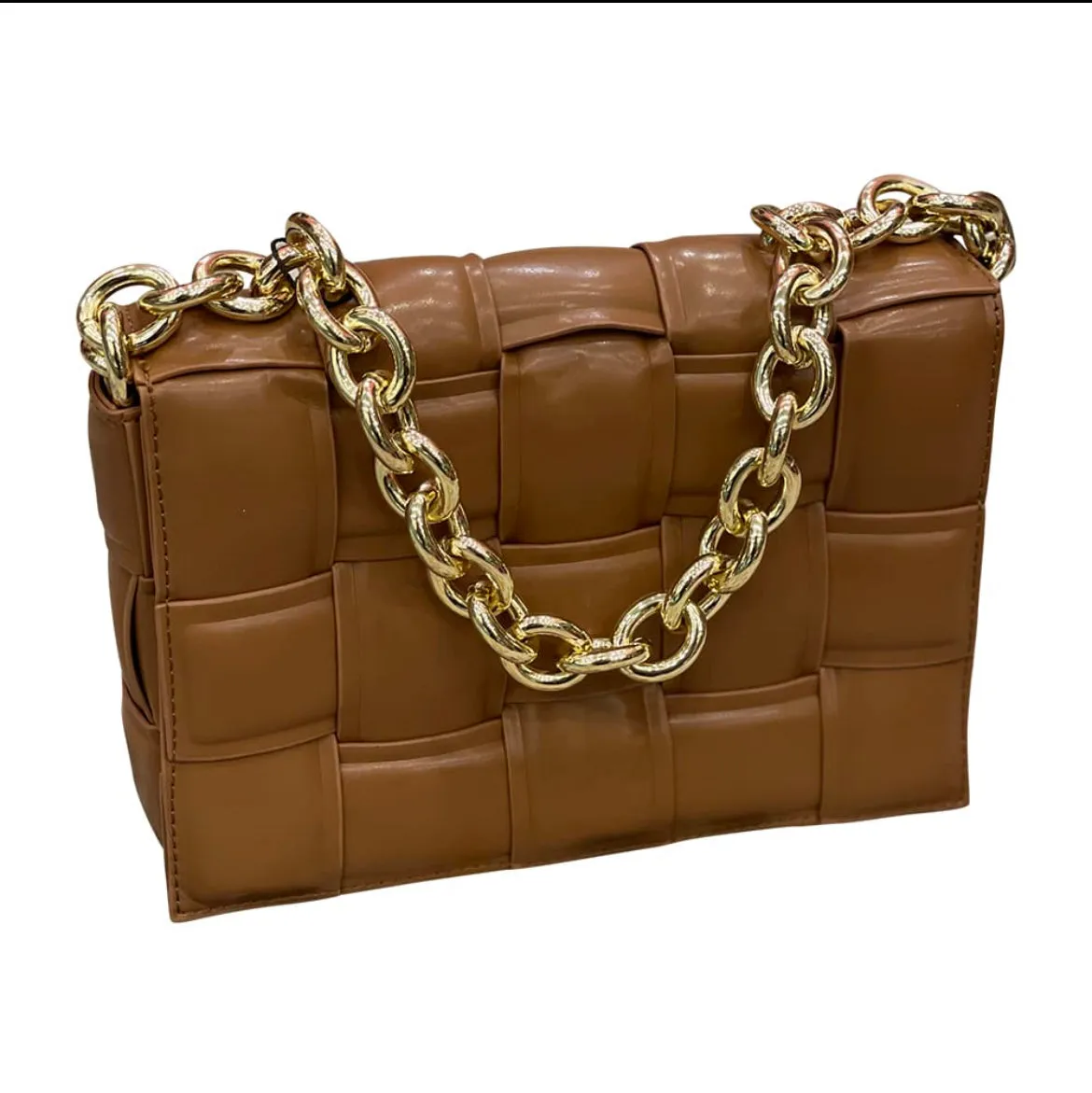 PBGJ31A-09 Caramel Leather Cross Woven Clutch Bag with Gold Chain