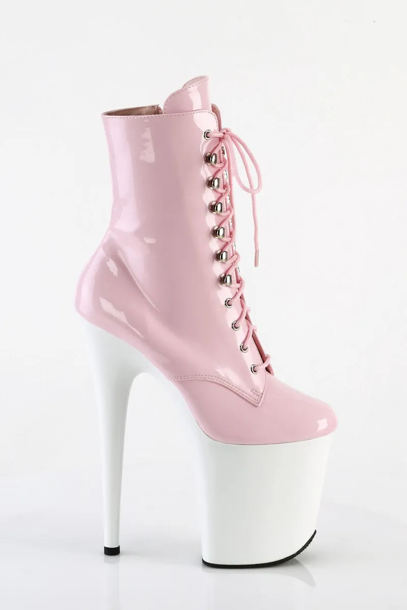 Pleaser Flamingo-1020 8inch Boots - Patent Baby Pink/White