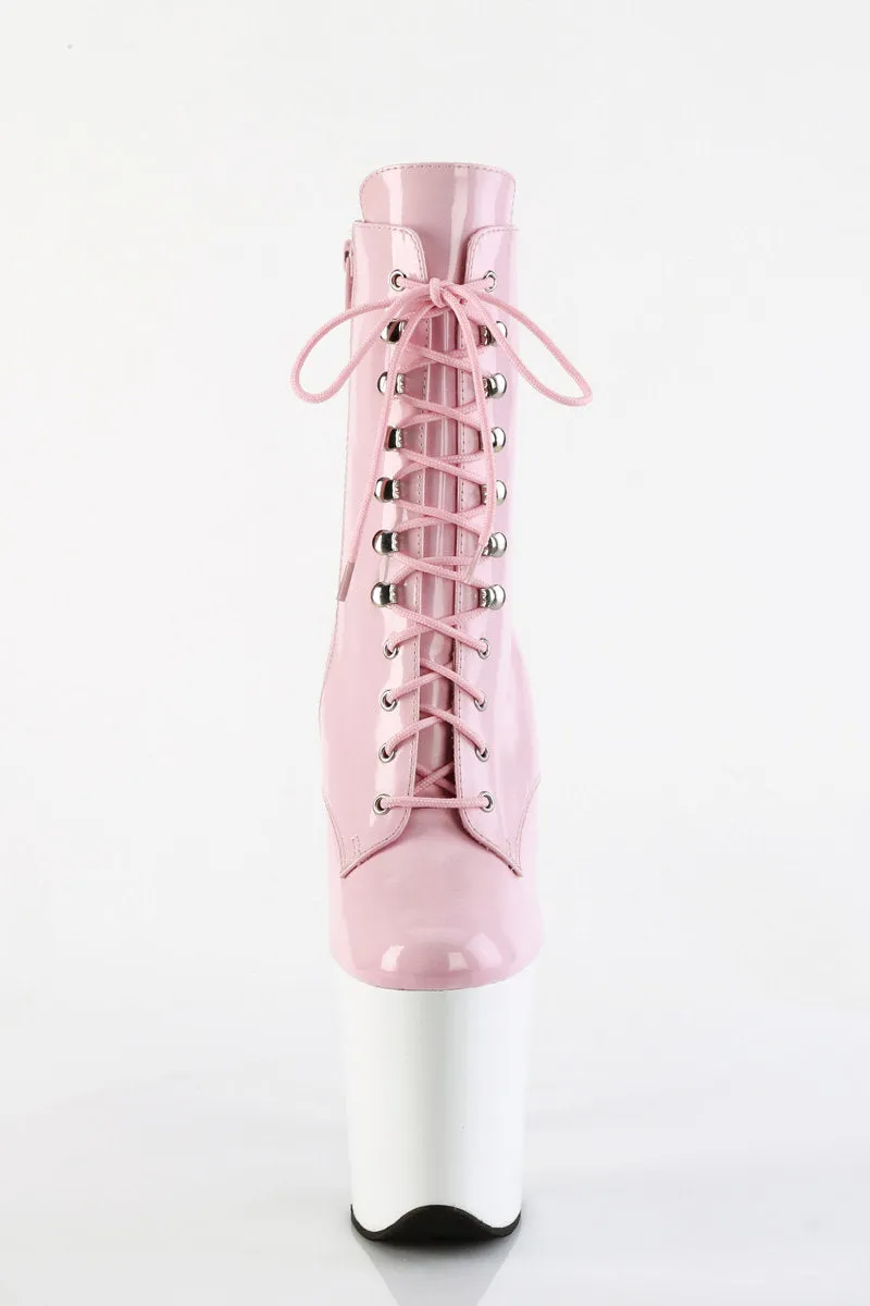 Pleaser Flamingo-1020 8inch Boots - Patent Baby Pink/White