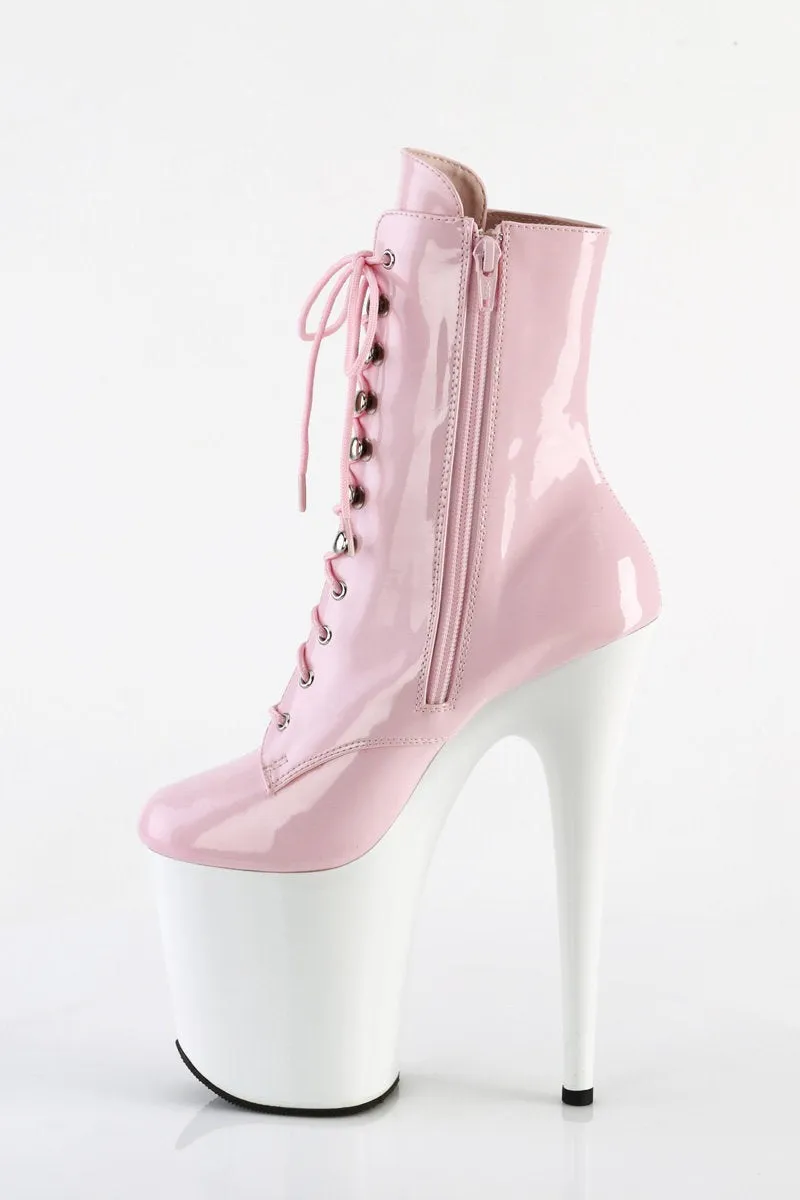 Pleaser Flamingo-1020 8inch Boots - Patent Baby Pink/White