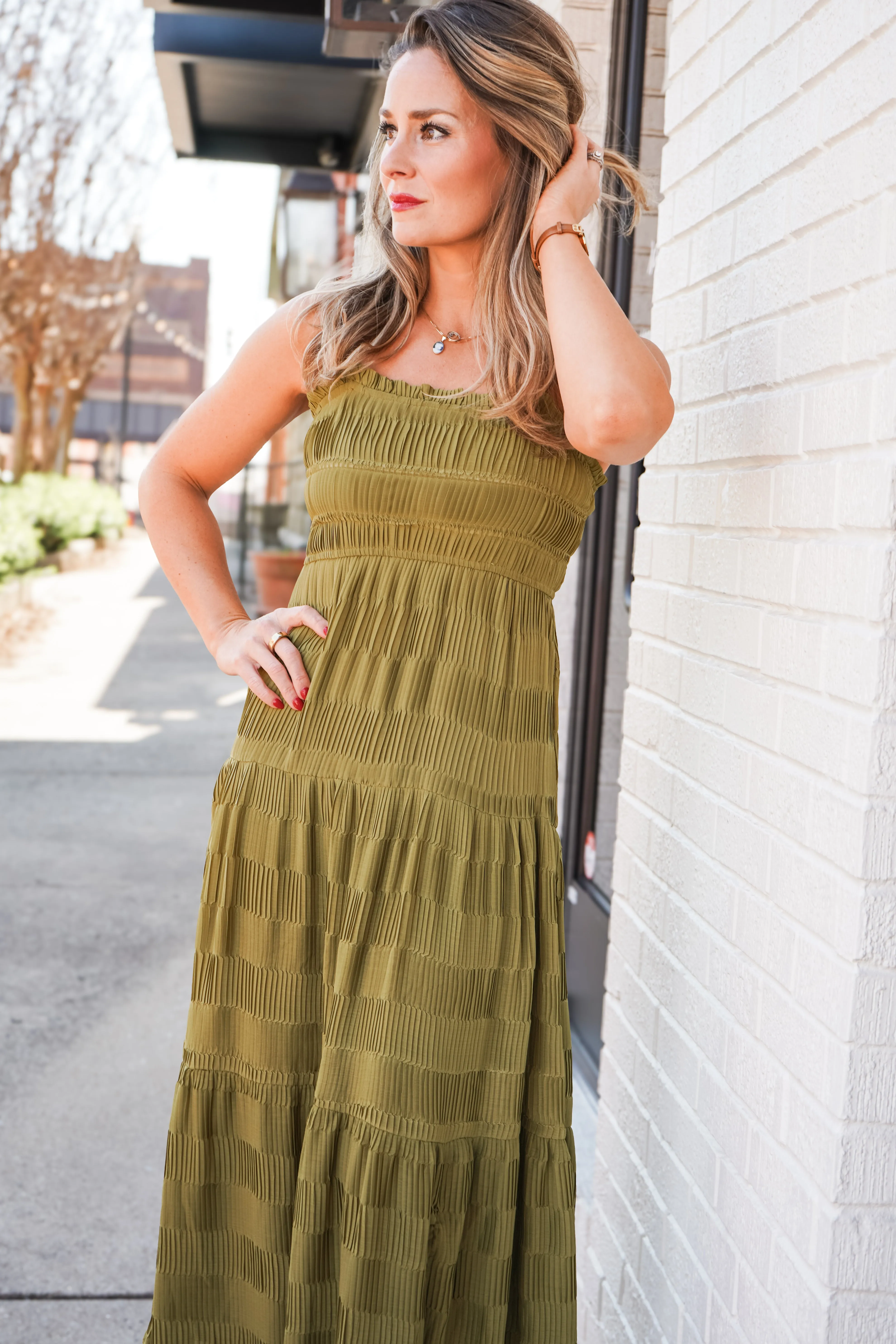 Pleated Midi Dress in Kiwi Crush