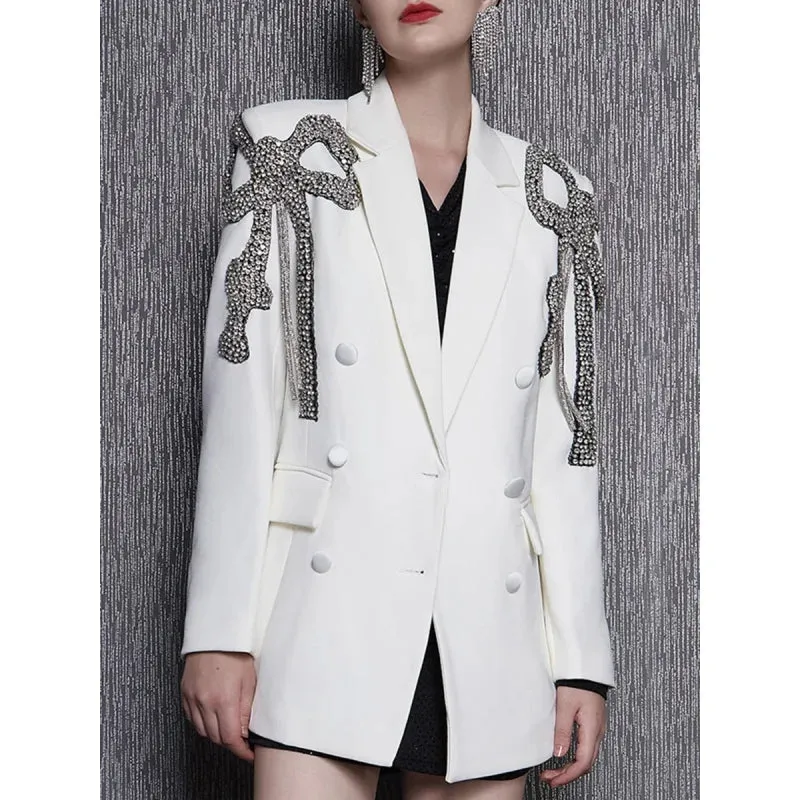 Polyester Blazer with Notched Collar, Long Bow, Diamonds, and Beaded Embellishments for Women