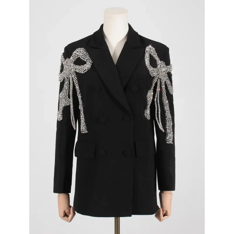 Polyester Blazer with Notched Collar, Long Bow, Diamonds, and Beaded Embellishments for Women