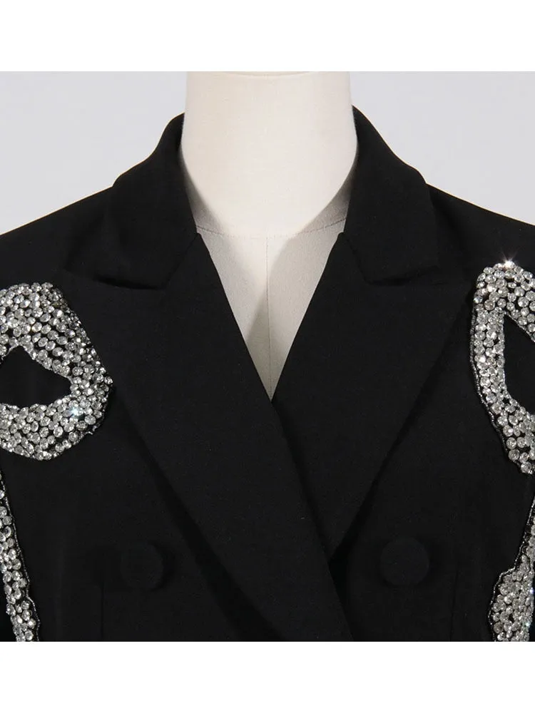 Polyester Blazer with Notched Collar, Long Bow, Diamonds, and Beaded Embellishments for Women