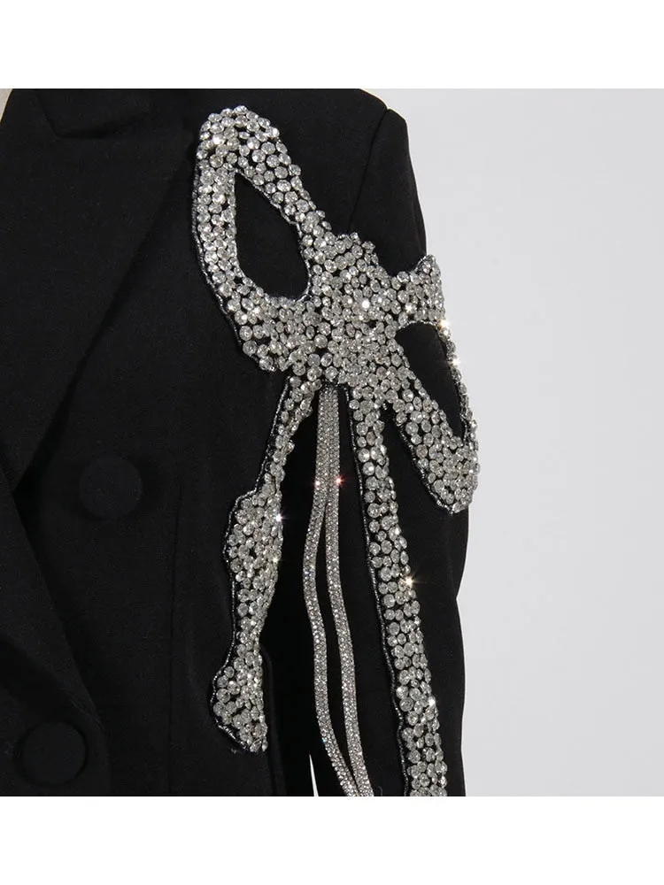 Polyester Blazer with Notched Collar, Long Bow, Diamonds, and Beaded Embellishments for Women